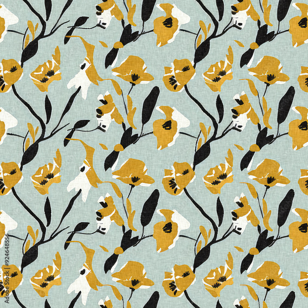 Naklejka premium Modern printed fabric wildflower blockprint pattern with linen fabric textures. Stylized hand drawn boho dark florals for decorative design elements in repeatable background tile.