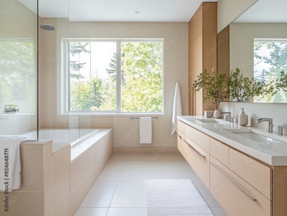 A bathroom with a large window and a bathtub