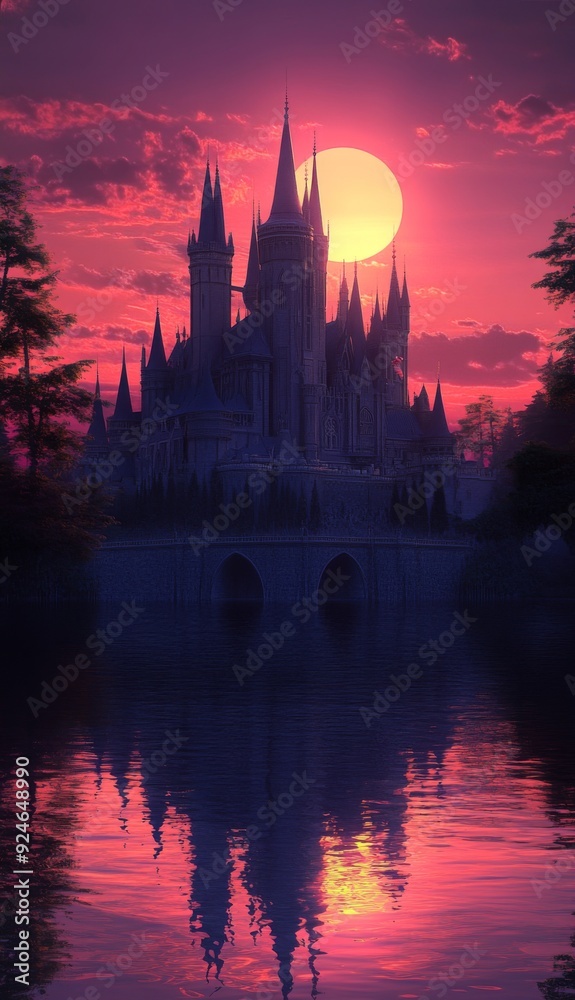 Naklejka premium Ethereal Castle at Dusk: A Majestic and Enigmatic Fortress Basking in the Soft Glow of the Setting Sun, Anime-Inspired, storybook illustrations, comic strips, book illustrations and picture books