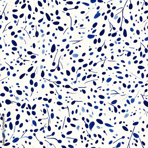 Seamless pattern of blue and white organic shapes resembling leaves or seeds, arranged randomly. The design is minimalist and modern, suitable for various applications.