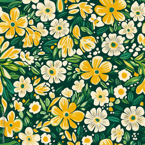Wallpaper Mural Seamless floral pattern with large yellow and white flowers, green leaves on a dark green background. Vibrant, cheerful design perfect for spring-themed fabrics or home decor. Torontodigital.ca
