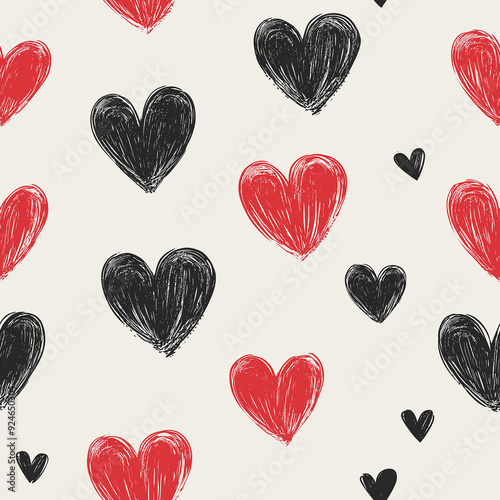 Playful heart pattern in red and black on a white background, sketched with a hand-drawn texture. Seamless design perfect for Valentine's Day or romantic-themed products.