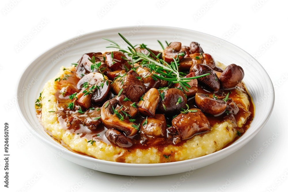 A plate of creamy polenta topped with saut?ed mushrooms and herbs in a savory sauce. A plate of creamy polenta topped with saut?ed mushrooms and herbs in a savory sauce.