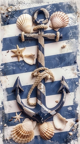 An anchor is adorned with seashells, resting on a striped blue and white backdrop, evoking a maritime atmosphere photo