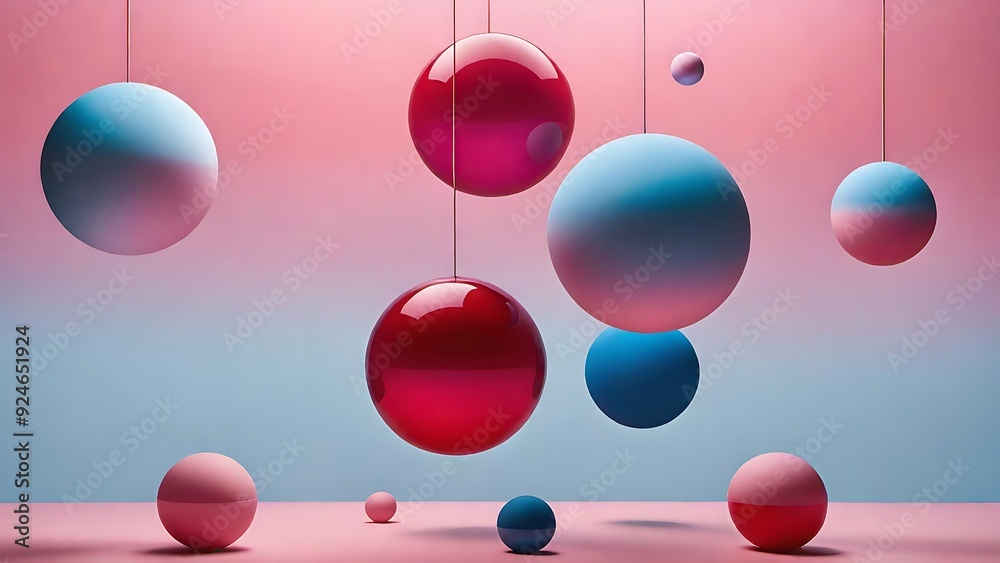 Pastel pink dreamscape with floating blue and red spheres in a soft, surreal environment Pastel pink dreamscape with floating blue and red spheres in a soft, surreal environment