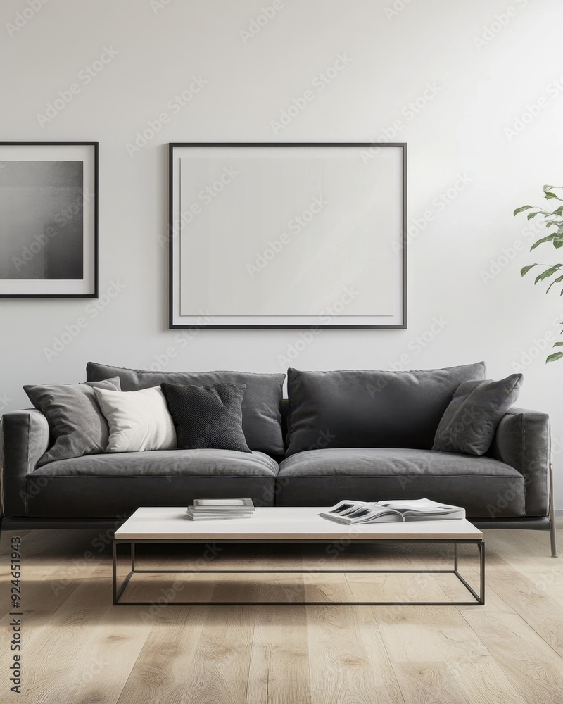 A living room with a gray couch and a white coffee table