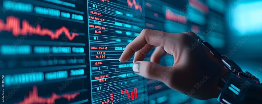 Fototapeta premium A futuristic robotic hand interacts with a digital display showcasing complex data and analytics in a vibrant tech environment.