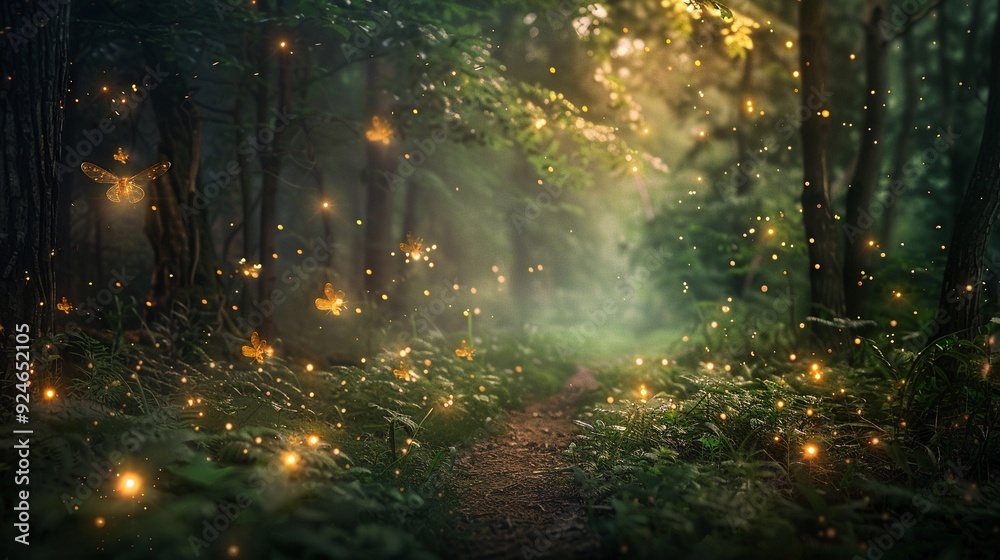 Naklejka premium Glowing fireflies, twilight forest path, soft focus, magical evening, serene ambiance