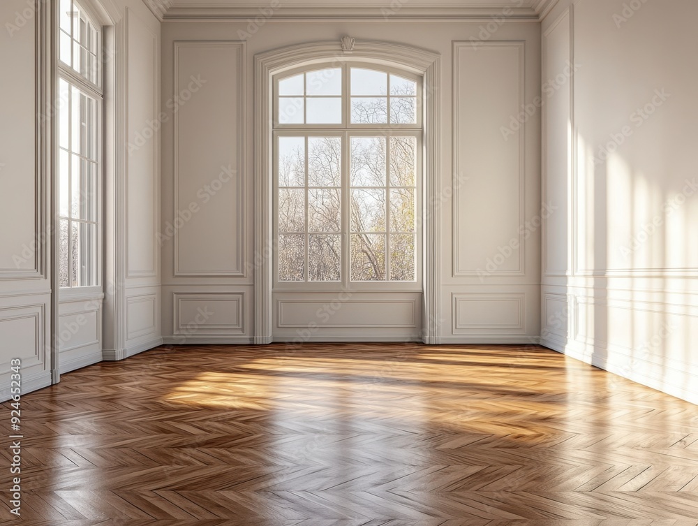 A large room with a window and white walls A large room with a window and white walls