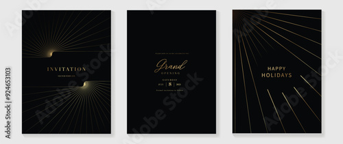 Luxury invitation card background vector. Golden elegant wavy gold line pattern on black background. Premium design illustration for wedding and vip cover template, grand opening, gala.