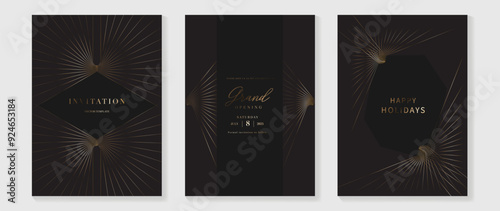 Luxury invitation card background vector. Golden elegant wavy gold line pattern on black background. Premium design illustration for wedding and vip cover template, grand opening, gala.