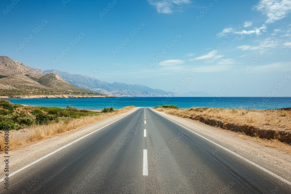 Summer highway to ocean, beach tourism journey under blue sky, empty shore street horizon