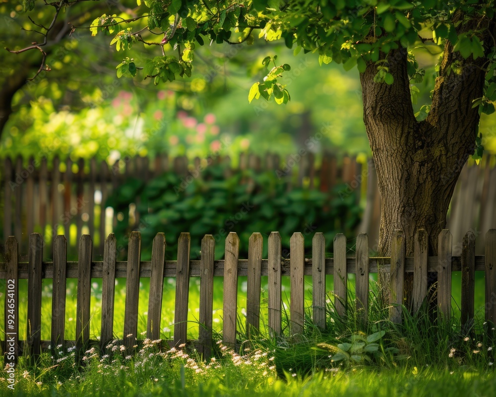 Wood Fence Background. Spring Tree in Backyard Garden with Picket Fence Wood Fence Background. Spring Tree in Backyard Garden with Picket Fence