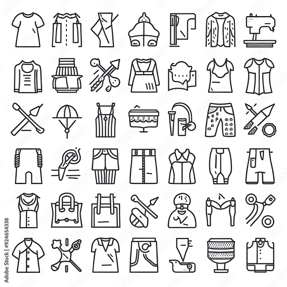 Set of 45 line icons related to fashion, sewing, clothing. Outline icon collection. Editable stroke. Vector illustration.
Set of 45 line icons related to fashion, sewing, clothing. Outline icon collection. Editable stroke. Vector illustration.