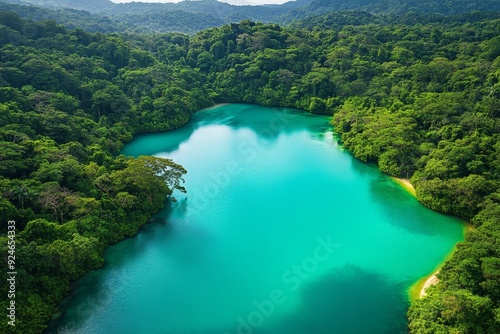 Fototapeta Naklejka Na Ścianę i Meble -  Aerial view of remote tropical paradise  turquoise lagoon surrounded by green rainforest canopy