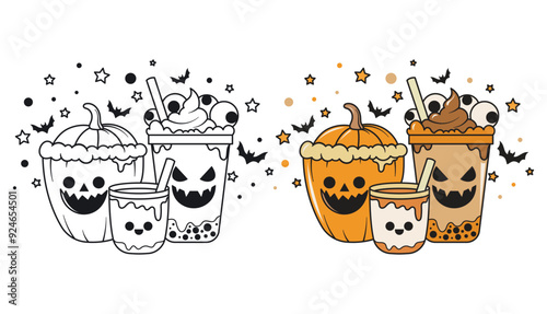 Hand drawn coffe latte Halloween, spooky pumpkin, vector
