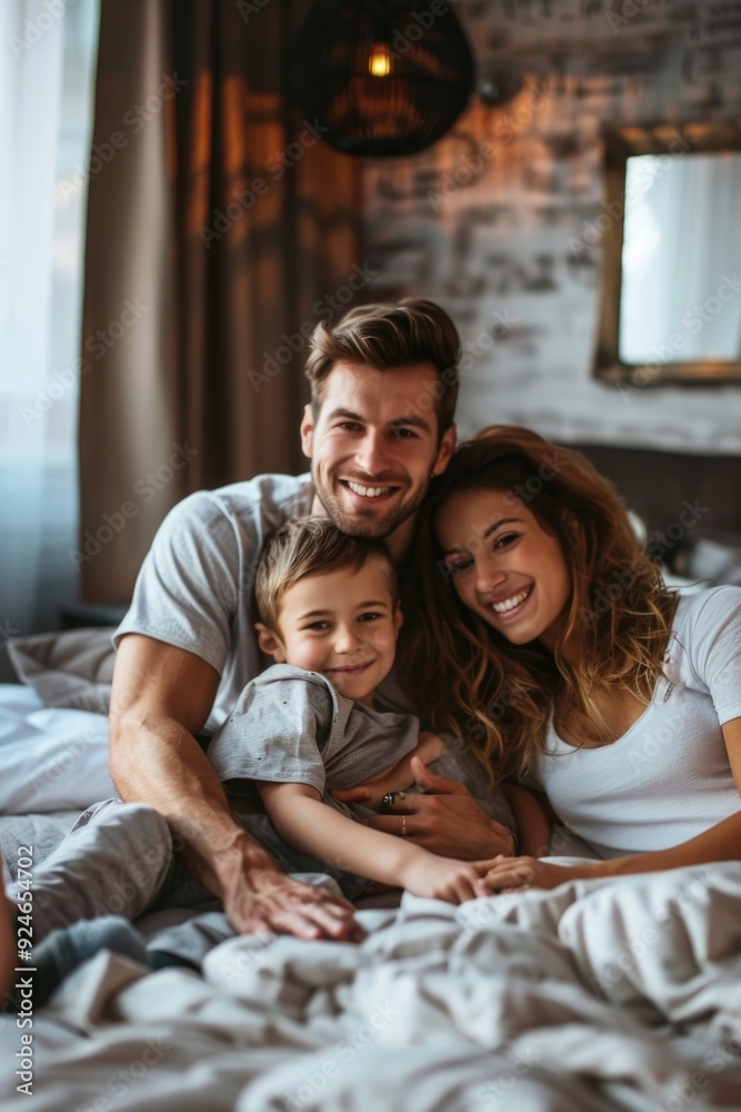 Obraz premium A family of four - a man, woman, and two children - are sleeping peacefully in a bed