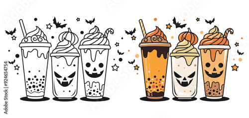 Hand drawn coffe latte Halloween, spooky pumpkin, vector