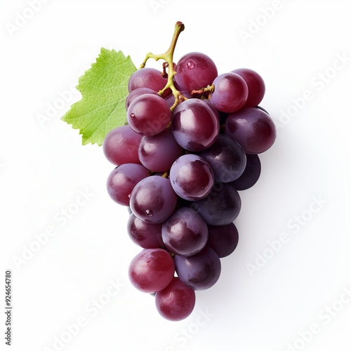 A vibrant bunch of ripe red grapes with fresh green leaves on a clean white background. Perfect for food, drink, health, and wellness content online and in print media.