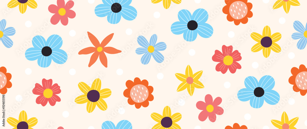 Spring flat flower background vector. Horizontal seamless floral pattern. Botanical art print for Happy Easter, Folk style home decor , Wall decoration, and fabric. Spring flat flower background vector. Horizontal seamless floral pattern. Botanical art print for Happy Easter, Folk style home decor , Wall decoration, and fabric.