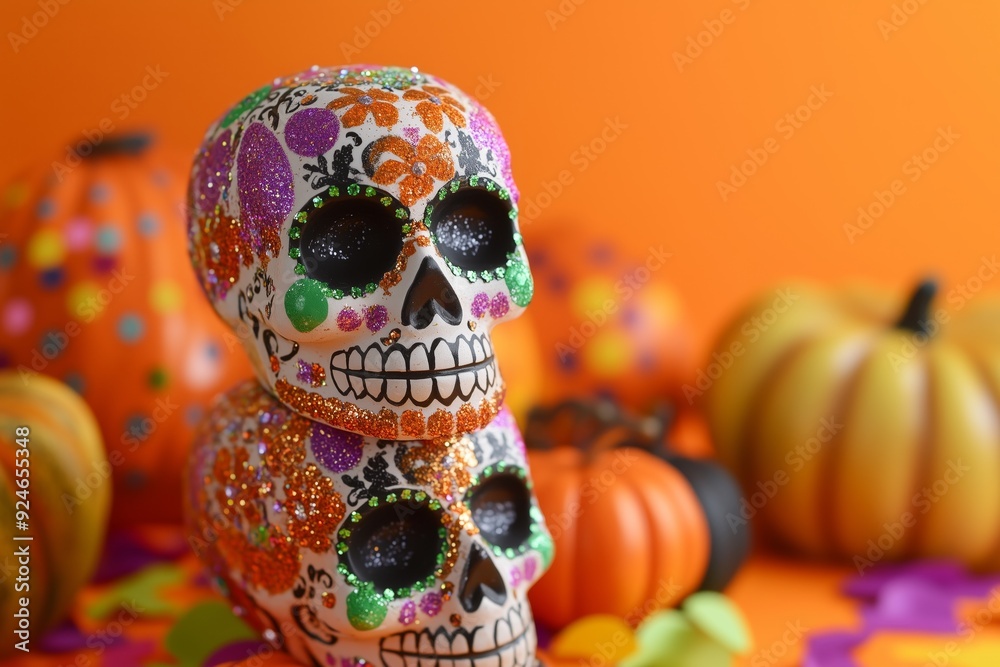 Fototapeta premium dia de los muertos sugar skulls stacked on top of each other, surrounded by flying confetti and pumpkins, orange background, Halloween vibe 