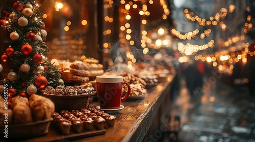 Christmas market stall with steaming hot coffee and sweets