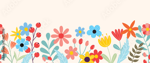 Spring flat flower background vector. Horizontal seamless floral pattern. Botanical art print for Happy Easter, Folk style home decor , Wall decoration, and fabric. 