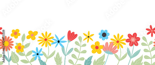Spring flat flower background vector. Horizontal seamless floral pattern. Botanical art print for Happy Easter, Folk style home decor , Wall decoration, and fabric. 