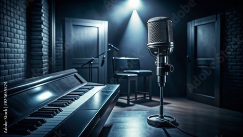 moody monochromatic music studio scene with sleek microphone amidst dark shadows and minimalist background in dramatic high-contrast lighting