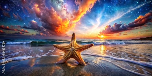 Celestial Sea Star Splendor: Starfish in vibrant colors, celestial patterns, ethereal backdrop, starry sky, magical photo