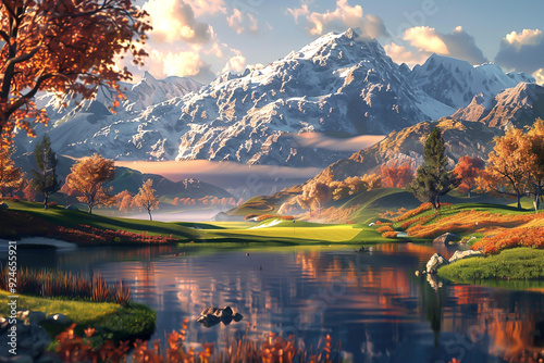 Realistic photo of an imaginative golf game, stunning elements, wondrous atmosphere, advanced tone, Triadic Color Scheme photo