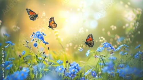 Tranquil meadow blue forget me not flowers and butterflies in wild summer scene