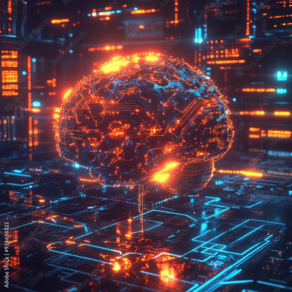 Fototapeta premium Illuminated Futuristic AI Machine Learning Model with Tech Symbols Surrounding Algorithmic Brain