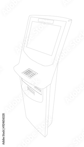 Contour ATM with display. Bank terminal for transaction, withdraw money and deposit to account. Vector illustration of outline cash machine with copy space for your text.