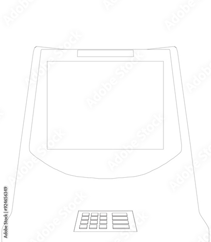Contour ATM with display. Bank terminal for transaction, withdraw money and deposit to account. Vector illustration of outline cash machine with copy space for your text.