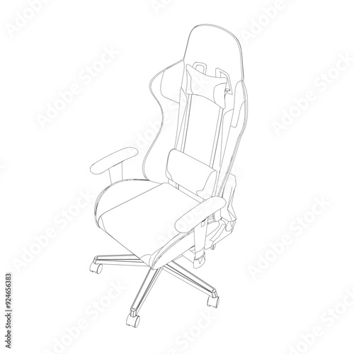 Gaming chair contour vector illustration. Drawing of computer chair, comfortable equipment for gaming isolated on white background. Furniture, gaming, comfort concept. Isometric view.