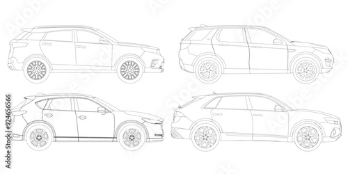 Set of contours different models of cars. Vector flat style illustration. Side view car vector illustration