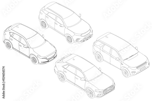 Set of contours different models of cars. Vector flat style illustration. Isometric view car vector illustration. 3D.