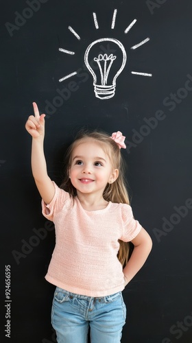 Imagination Illuminated: Young girl reaching out to glowing light bulb on blackboard as light radiates like sunrise, Generative Ai photo