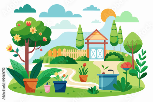 Colorful Garden with a Wooden Gazebo and Blooming Flowers