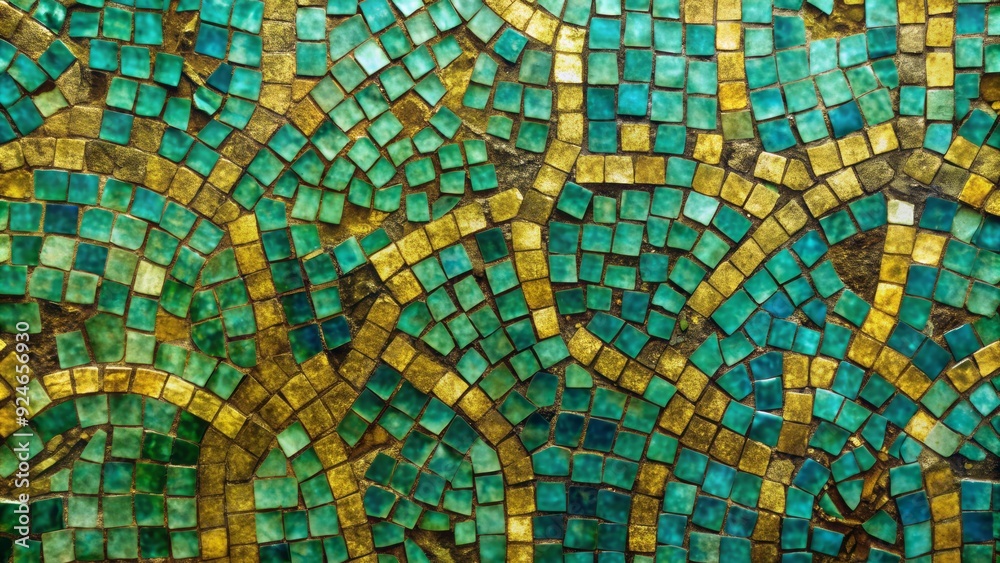 Obraz premium Verdant Bronze Mosaic: Greenish-blue mosaic with golden veins, evoking ancient ruins and forest depths.