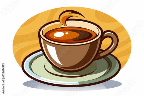 A steaming cup of coffee on a saucer with a woodgrain background