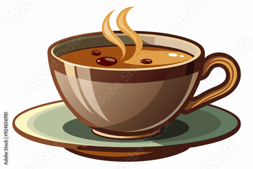 A steaming cup of coffee with a saucer