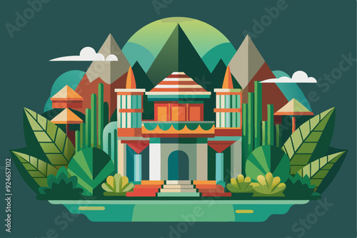A Geometric Illustration of a House in a Lush Mountain Valley