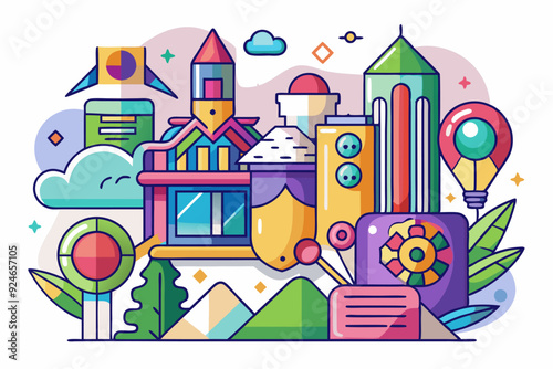 Colorful Abstract Cityscape with Geometric Shapes and Elements