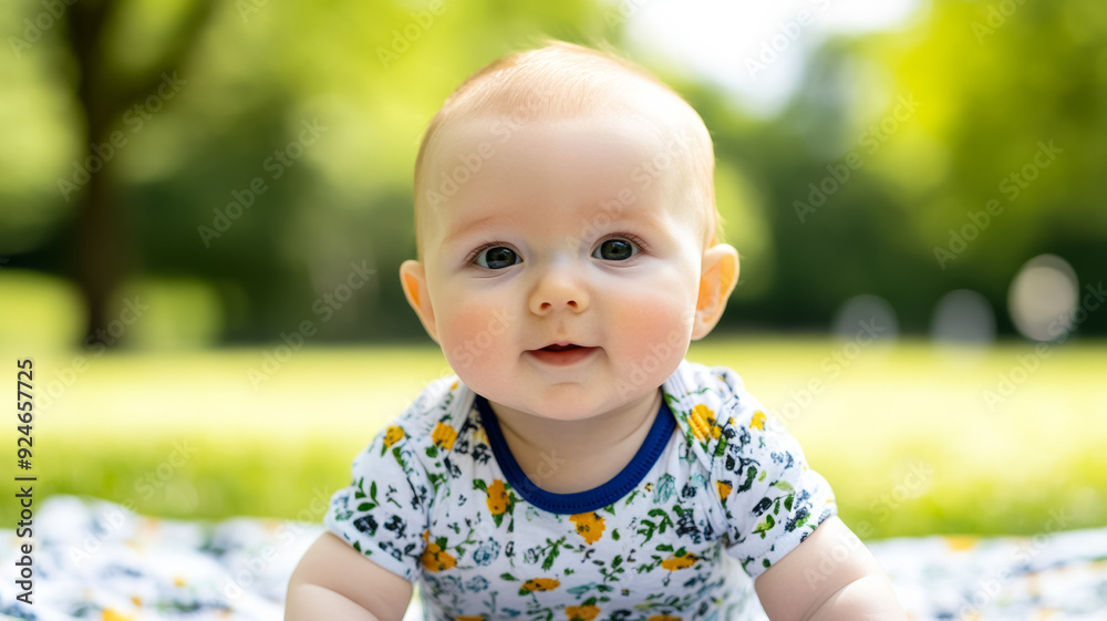 A baby in a floral patterned tee sitting on a picnic blanket in a park sunny day with trees in the background A baby in a floral patterned tee sitting on a picnic blanket in a park sunny day with trees in the background