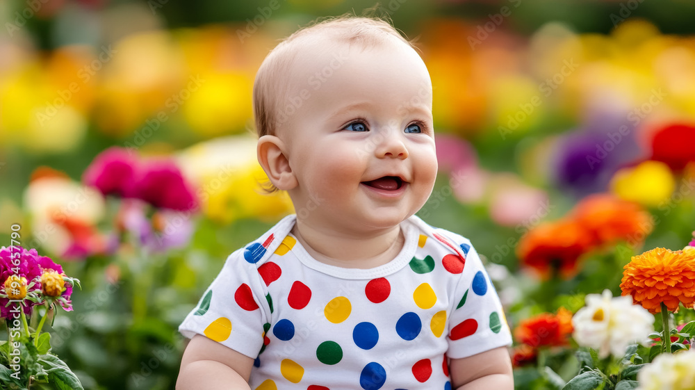 A baby wearing a polka dot tee sitting in a garden surrounded by flowers vibrant colors creating a cheerful scene A baby wearing a polka dot tee sitting in a garden surrounded by flowers vibrant colors creating a cheerful scene