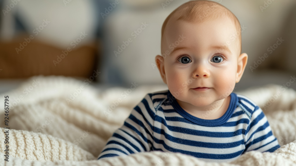 A baby in a striped tee sitting on a soft cozy blanket natural lighting highlighting the fabrics texture A baby in a striped tee sitting on a soft cozy blanket natural lighting highlighting the fabrics texture