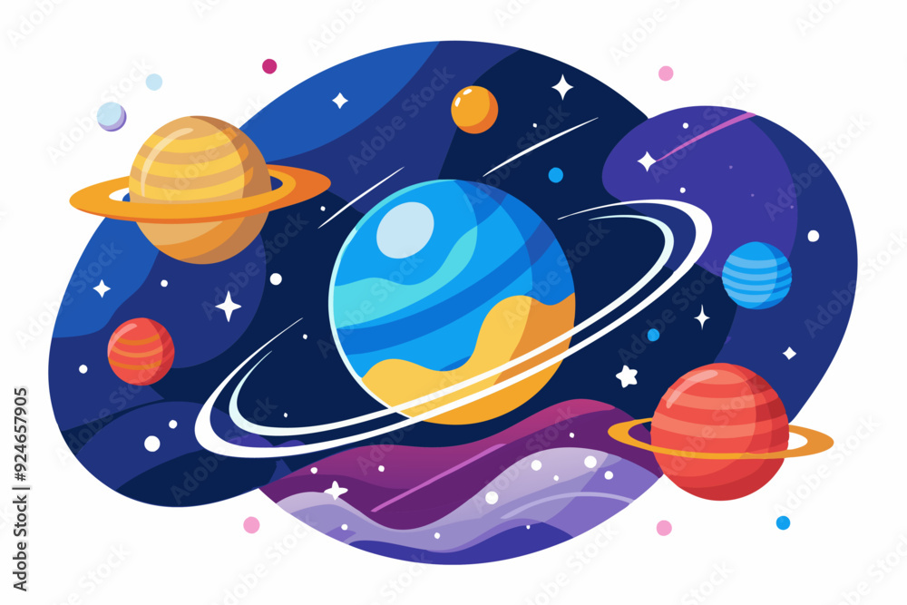 Naklejka premium Colorful Planets with Rings in a Starry Sky