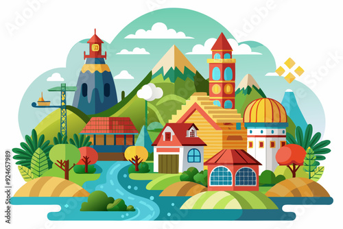 Wallpaper Mural A Colorful Illustration of a Town with Houses, Mountains, and a River Torontodigital.ca